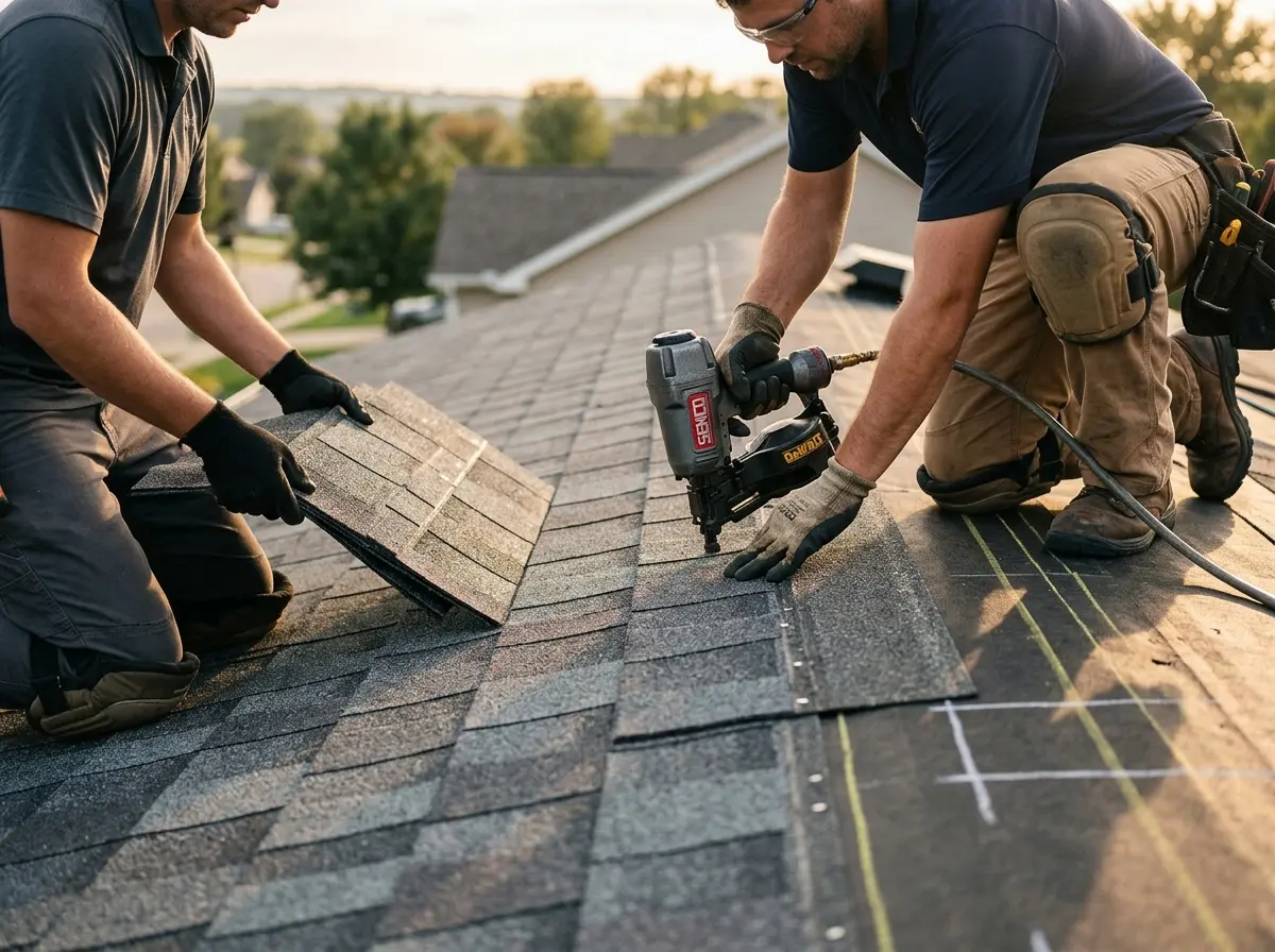 Professional roofer working on a residential roof in Eagle Pass